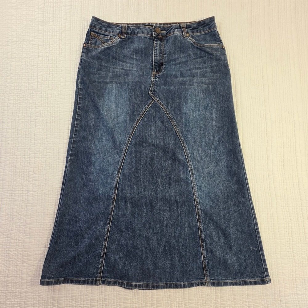 Baccini A-Line Denim Midi Skirt Blue Women 14 Western Embroidered Stretch EUC